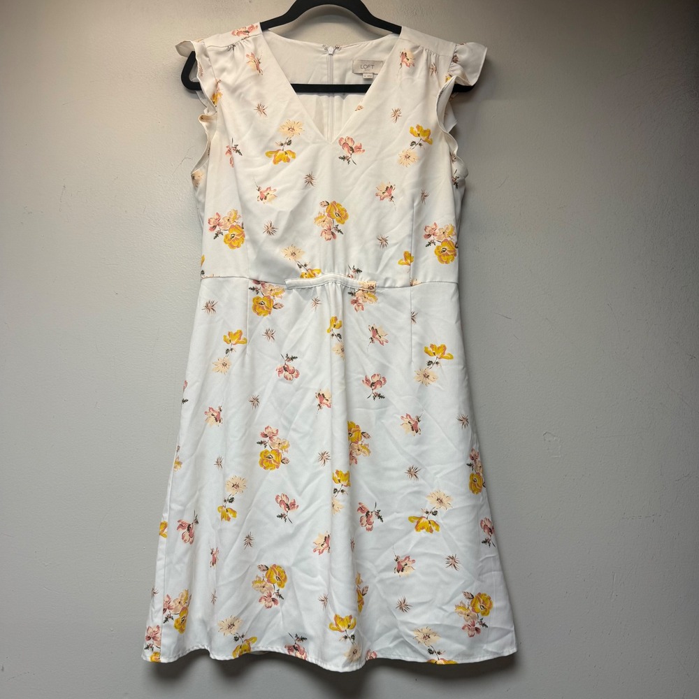 Loft Outlet Floral Dress Womens Medium White Yellow Excellent Ruffle V-Neck
